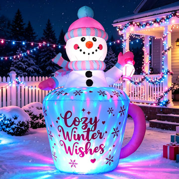 6FT Christmas Inflatables Snowman in Mug, Adorable Blue and Pink Snowman in Cozy Winter Wishes Mug Blow up Yard