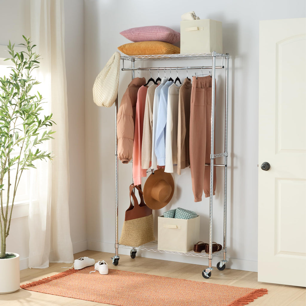 Adjustable Double Rod Rolling Garment Rack, Hanging Clothes Closet Organizer with Wheels, Heavy Duty, 36" x 14" x