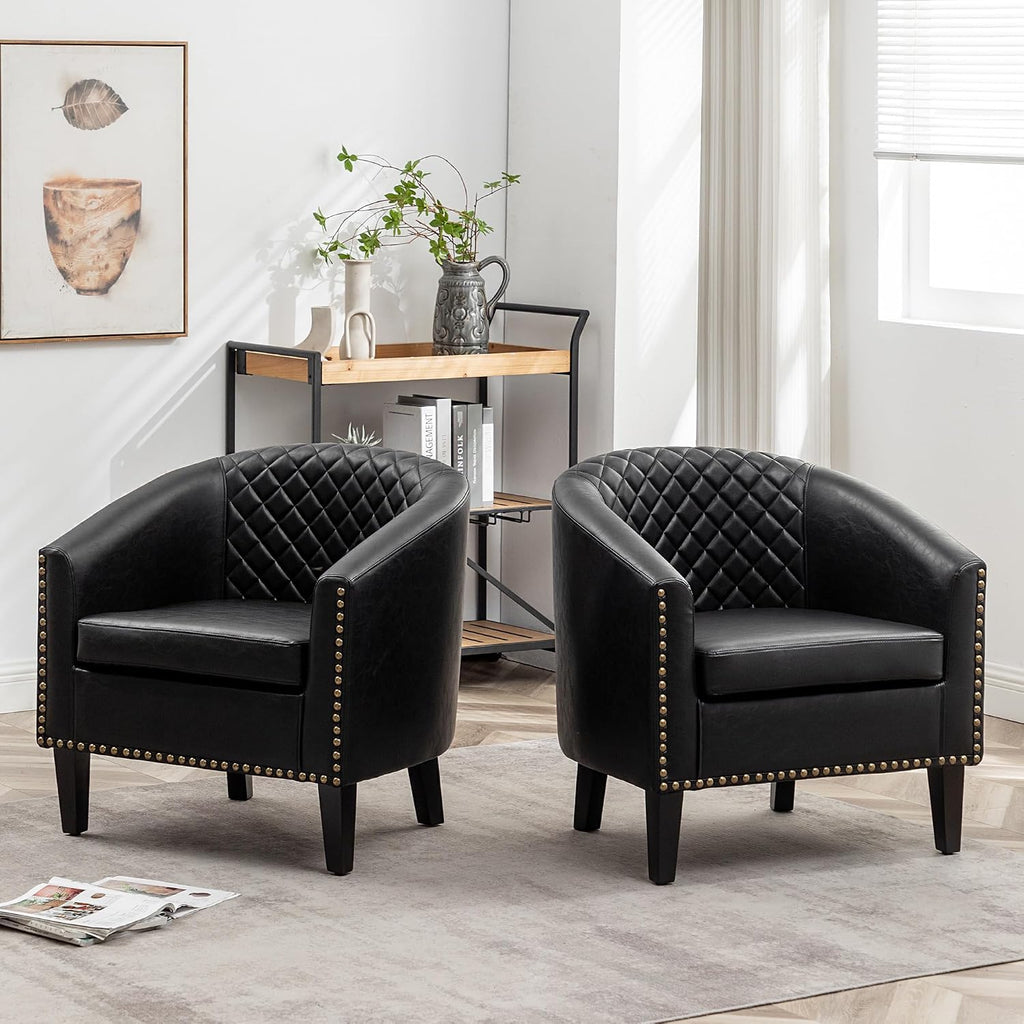 29" W Faux Leather Tufted PU Barrel Club Chairs, Black - Set of 2