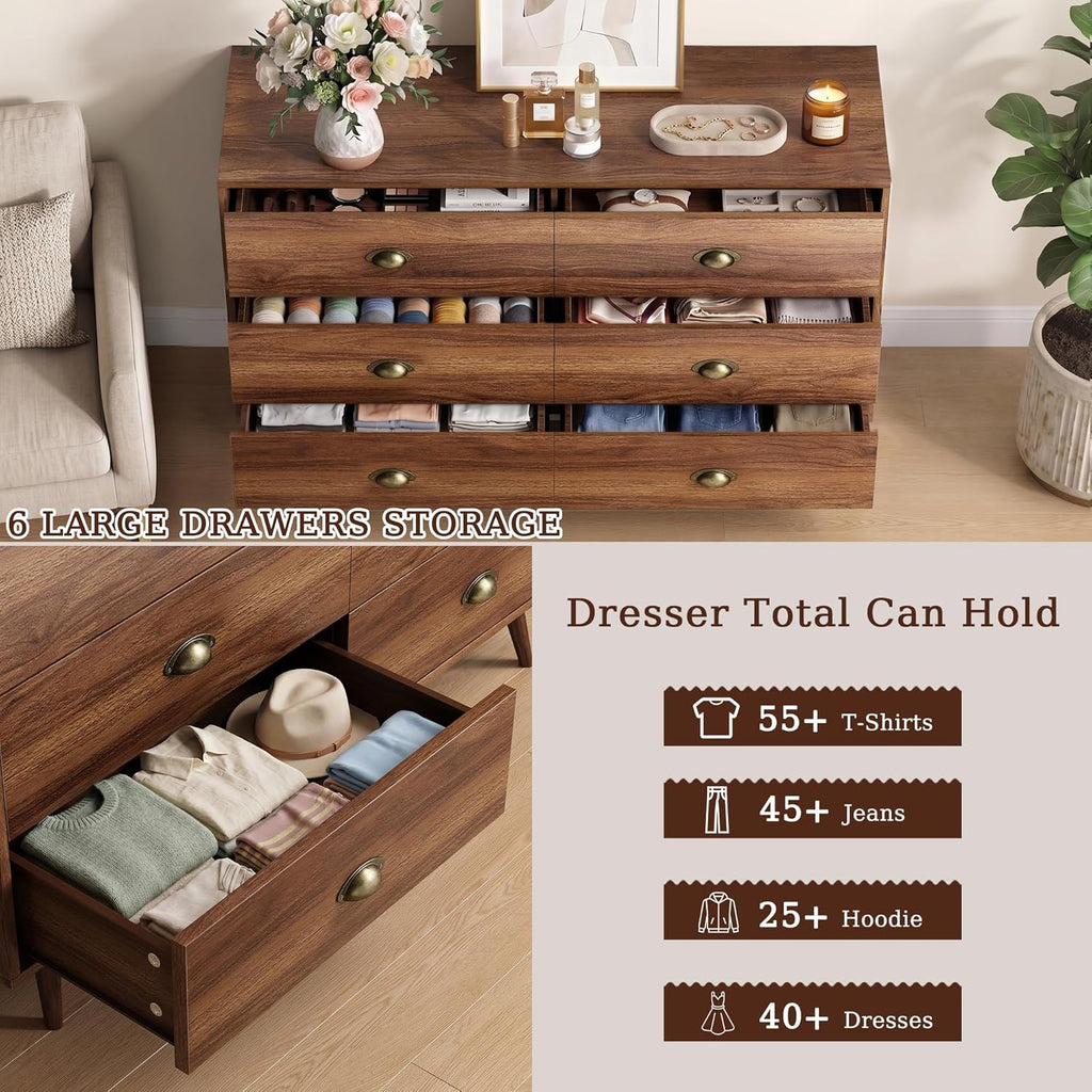 Walnut Dresser , 6 Drawer Dresser with Wide Drawers and Gold Metal Handles, 47" Wood Dressers & Chests of Drawers .