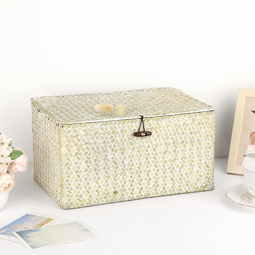 Wicker Shelf Baskets Bin with Lid, Large Seagrass Basket Storage Box