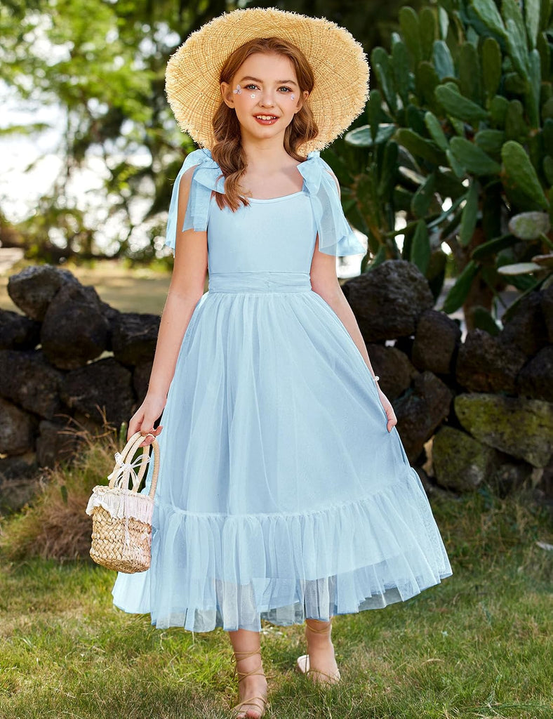 Girls Summer Sleeveless Bow-Tie Straps Party Long Tulle Dresses