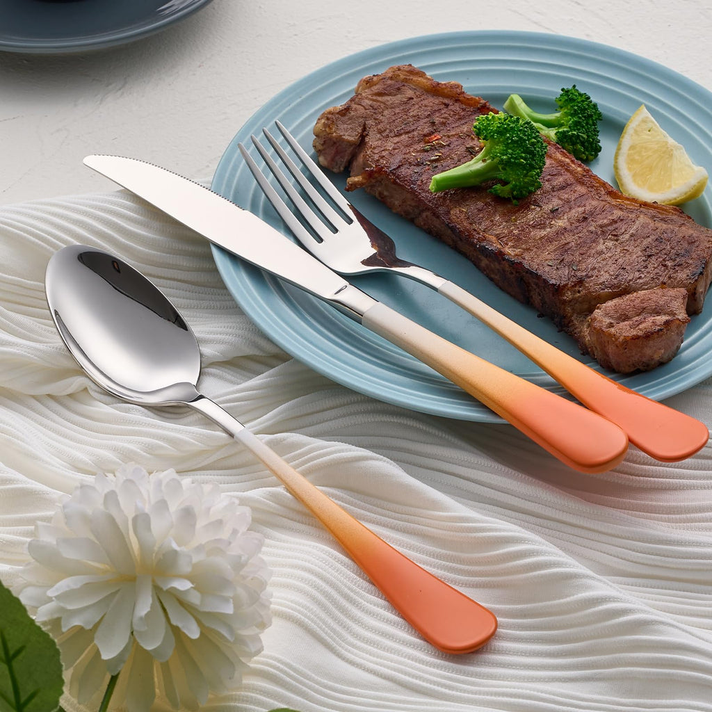 20-Pieces Color Silverware Sets for 4,Orange and white Handle Stainless Steel Cutlery Set, Include Forks Spoons and