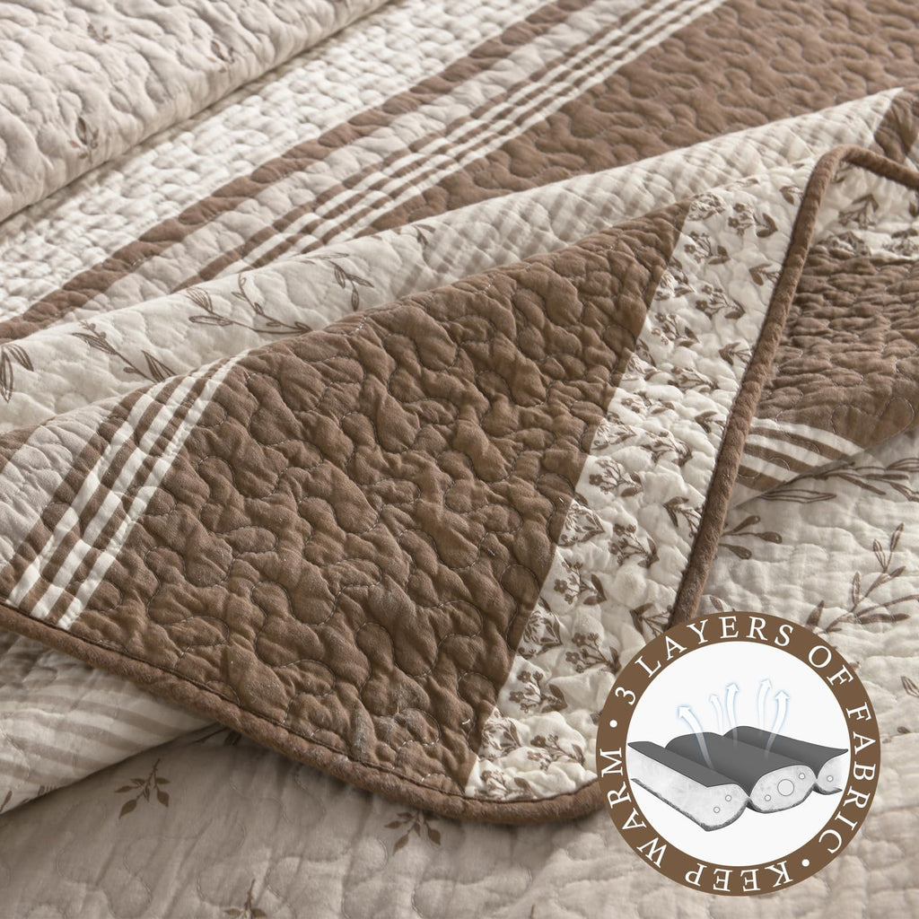 100% Cotton Quilt Set, Cottage Floral Stripe, Brown Cream