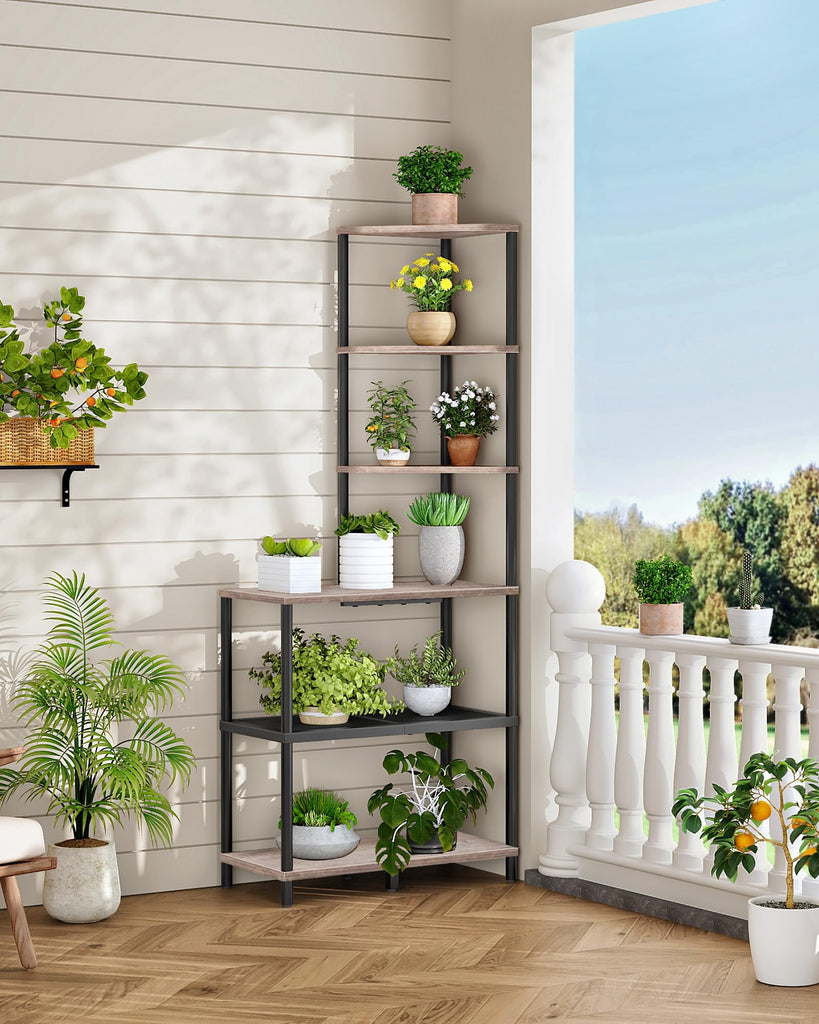 6-Tier Corner Shelf, Industrial Corner Bookshelf with Desk Top, Diamond-Shaped Storage Shelves, Display Stand for