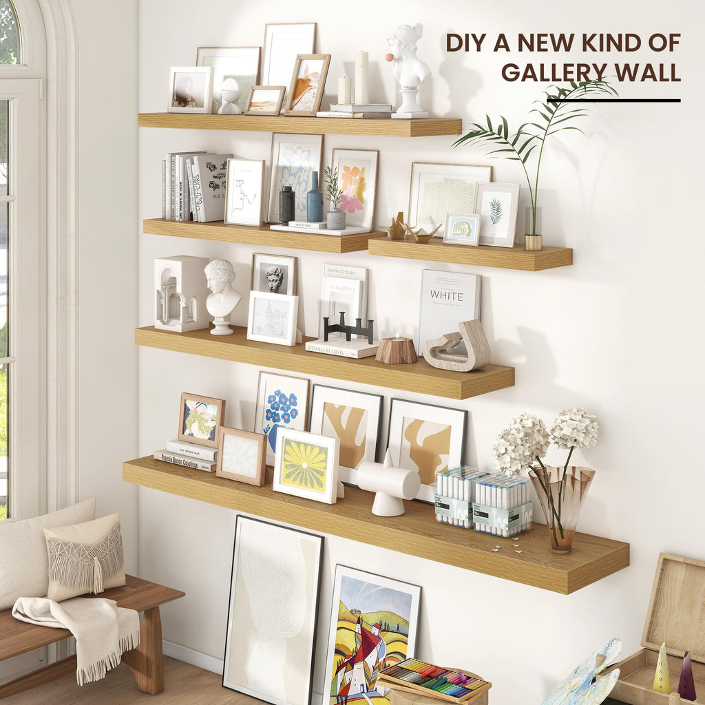 48" Wide x 9" Deep Floating Shelves for Wall, Oak Finish, 2-Pack