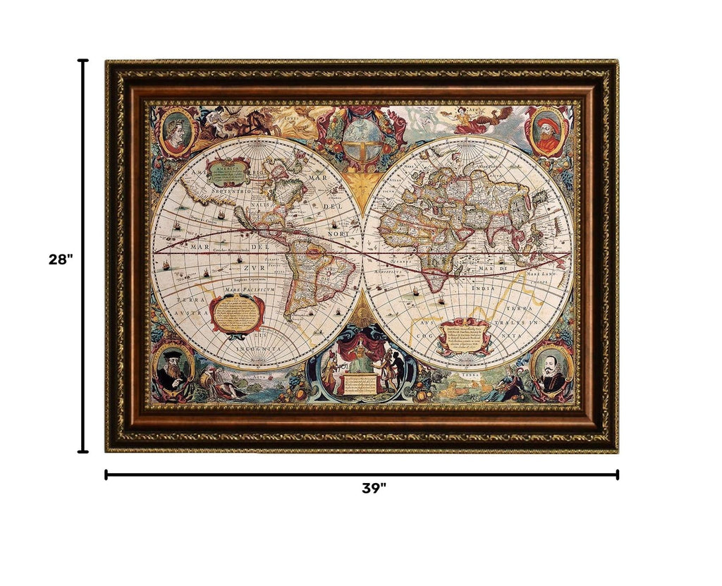 Old Vintage World Map Oil Painting Reproduction Giclee Wall Art Canvas Prints-Framed Size:39" x 28"