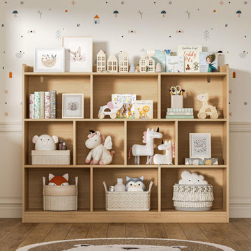 Oak Bookshelf, Wood Bookcase with 3 Tier Open Shelves, 10-Cube Minimalist Storage Shelf, 55.1" W x 42.5" H