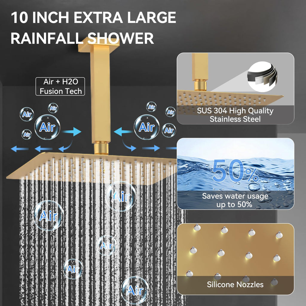 Shower System with Body Jets, 4 Way Shower Faucet with 2 in1 Handheld, Ceiling Mount 10 Inch Shower Head and 6 Inch