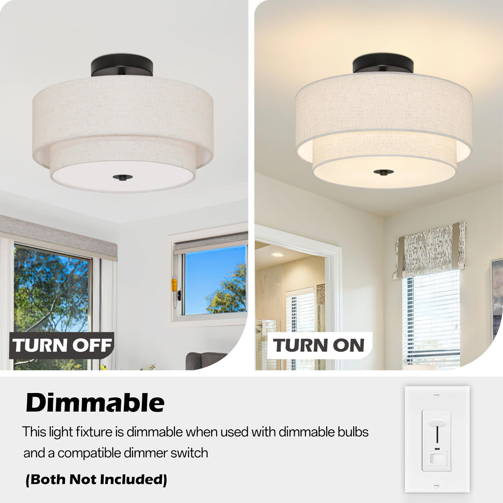 3 Light Semi Flush Mount Ceiling Light Fixture 15.7 Inch Modern Black Drum Ceiling Light Fixture with 2-Layer Fabric