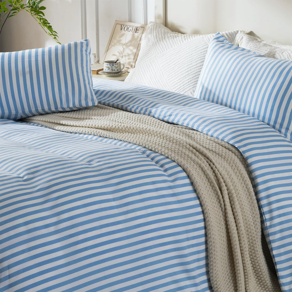 Duvet Cover Set, Blue Striped Comforter Cover with Button Closure, Breathable and Cooling, Includes 1 Duvet