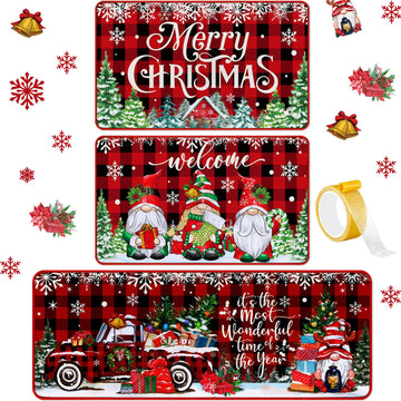 3 Pcs Christmas Kitchen Rug and Mat Set, Gnome Buffalo Plaid Mat