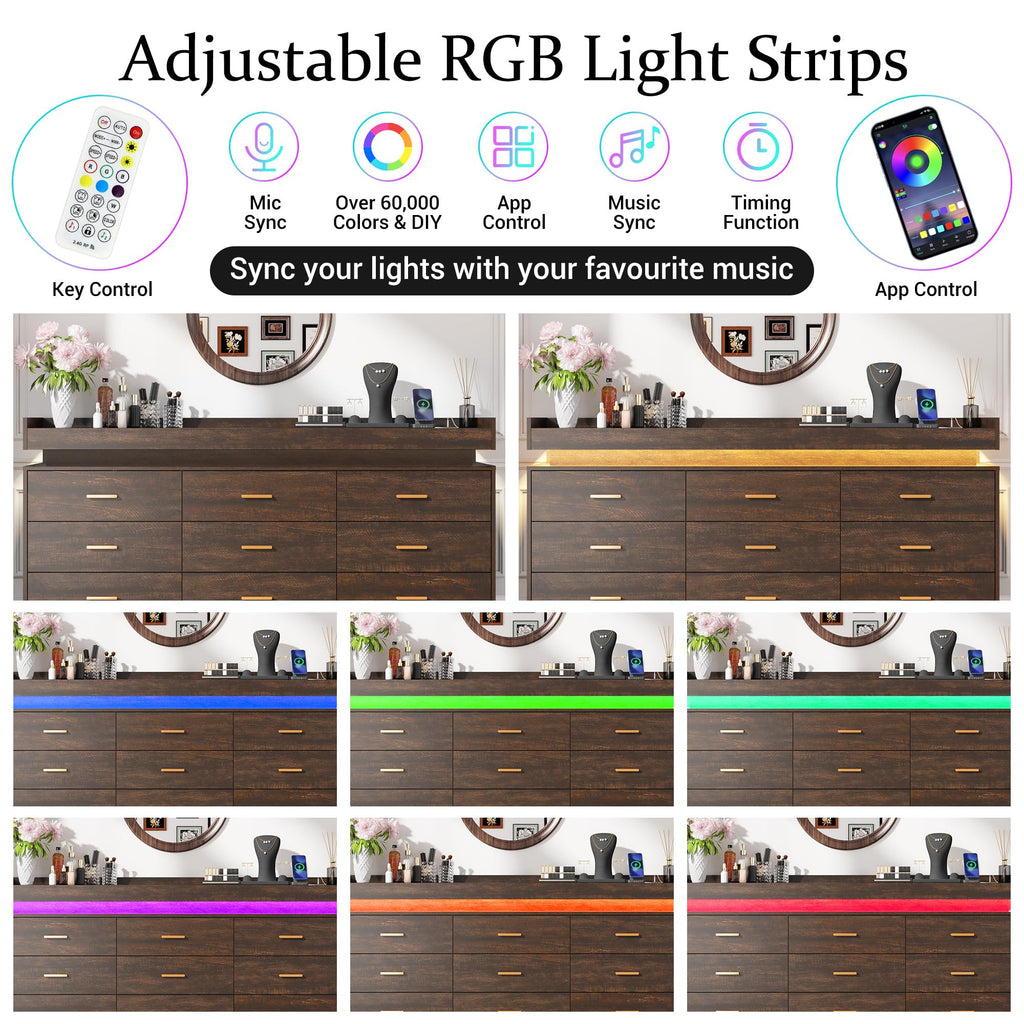 Farmhouse 9 Drawer Dresser with LED Light and Charging Station, Brown