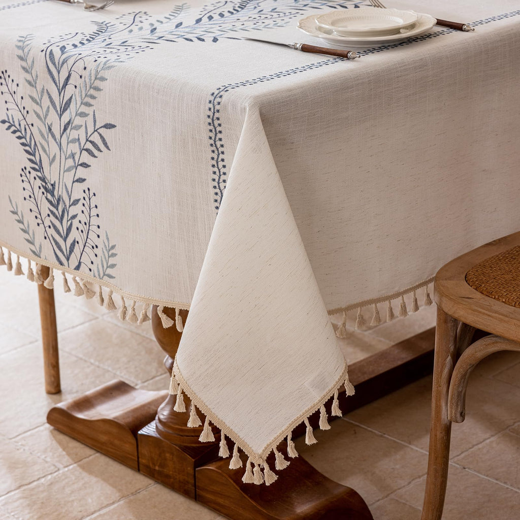 Rustic Waterproof Linen Tablecloth, Heavy Weight Fern Embroidery Table Cloths for Rectangle Tables, Farmhouse