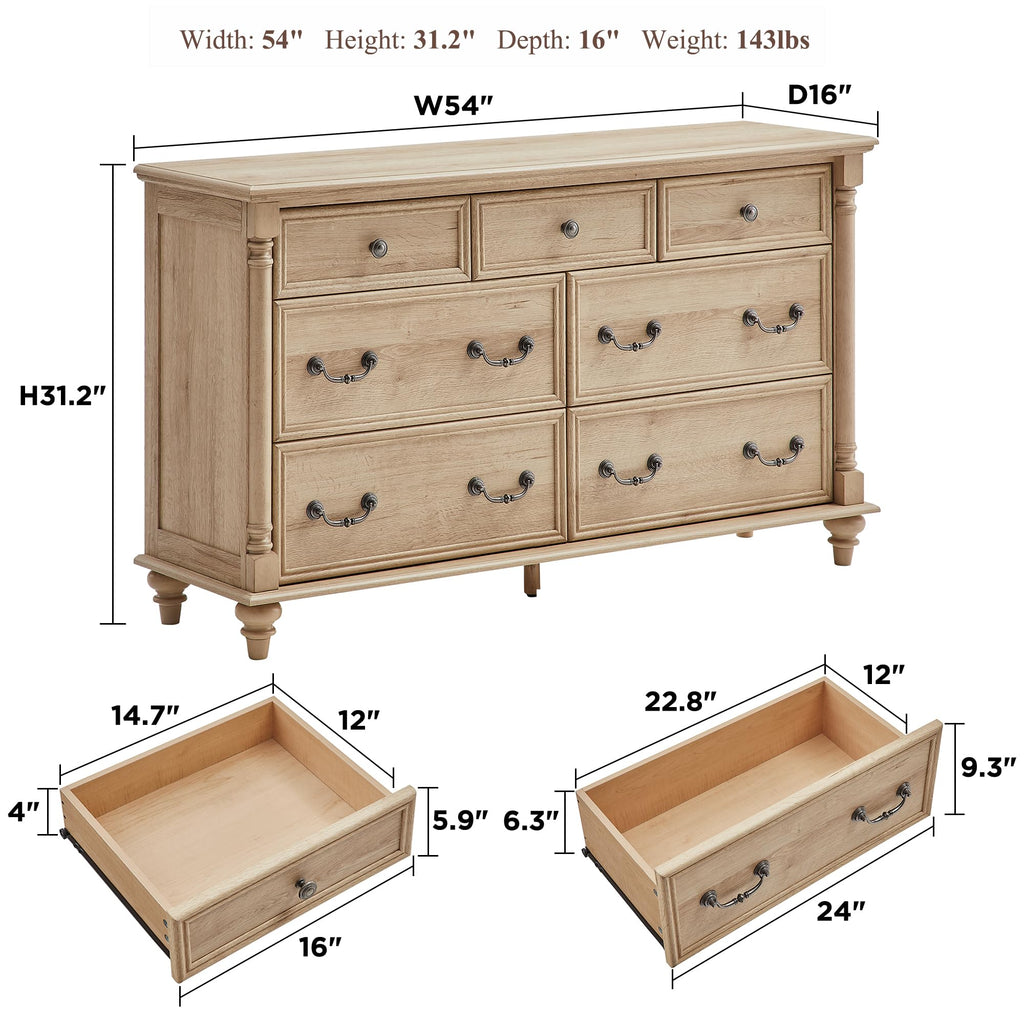 Farmhouse 7-Drawer Dresser with Solid Wood Feet, Natural Oak