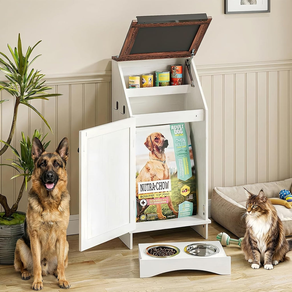 Dog Food Feeding Station Storage with Bowls, Pet Food Storage Cabinet with Flip-Top Blackboard, Hidden Trash Can, Pet
