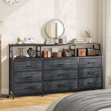 Black Dresser with 9 Fabric Drawers & Display Top Shelf