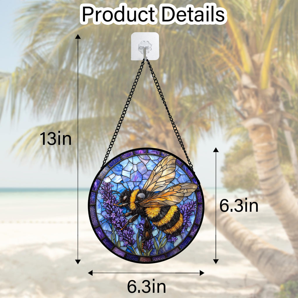 Bee Lavender Stained Glass Window Hanging Suncatcher Gifts for Women 6.3"