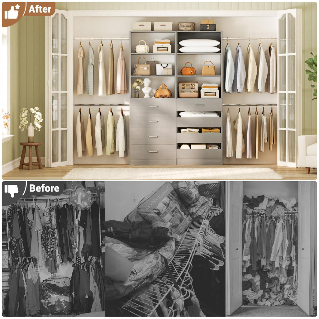 Closet System, 6-15Ft Closet Organizer with 8 Wooden Drawers