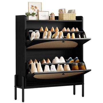 Rattan Shoe Cabinet Storage with 2 Flip Drawers, Black
