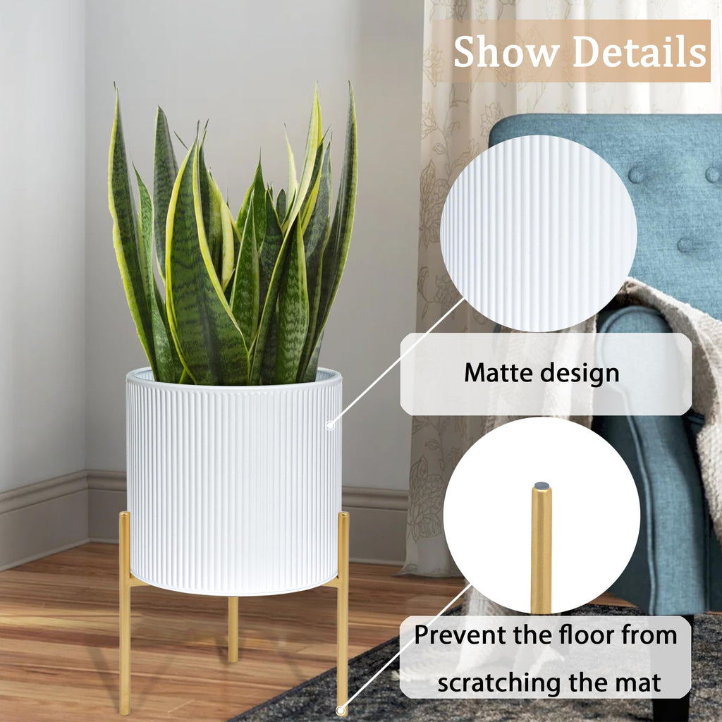 Modern Plant Pots, Set of 2 Round Large Planters with Stand, Large Size Metal Pots with Drainage Holes, Garden or