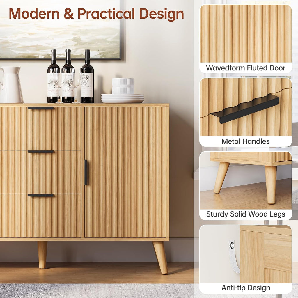 47" Fluted Sideboard Buffet Cabinet with 3 Drawers & 2 Doors - Modern Credenza with Tapered Legs, Natural Wood