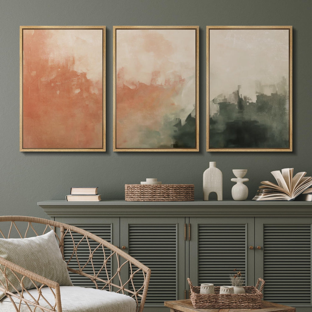 Framed Canvas Print Wall Art Set Sunset Mist Abstract Coral and Green Illustrations Modern Art Relax/Calm - 16"x24"x3