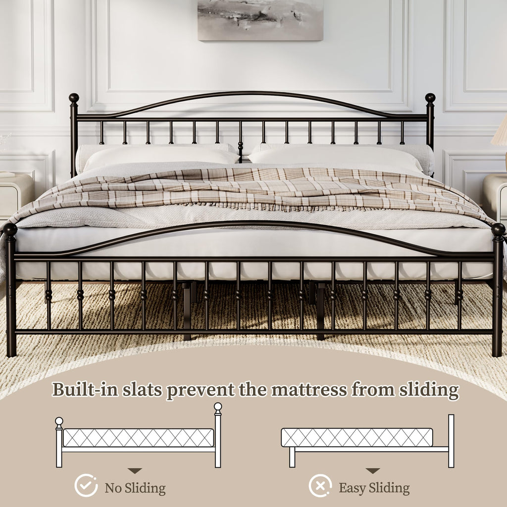 King Size Metal Bed Frame with Vintage Circular Headboard and Footboard, Heavy-Duty Iron Platform Bed, No Box Spring