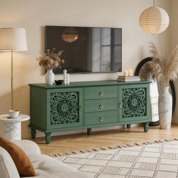 Farmhouse TV Stand with Hollow Carved Doors and 3 Drawers, Vintage Sideboard Buffet Cabinet with Adjustable Shelves
