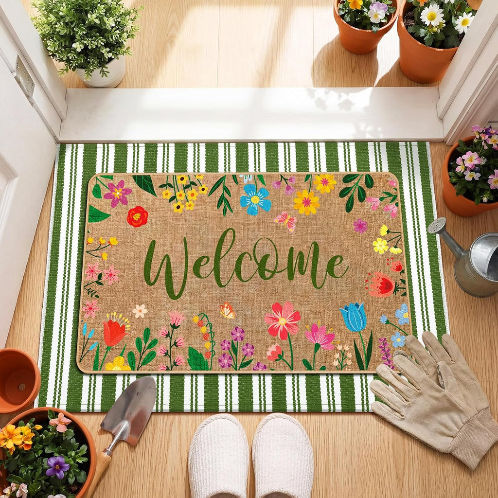 2 Pcs Summer Floral Door Mat Outdoor Wildflower Welcome Doormat for Front Door Linen Rubber Layered Flower Stripes