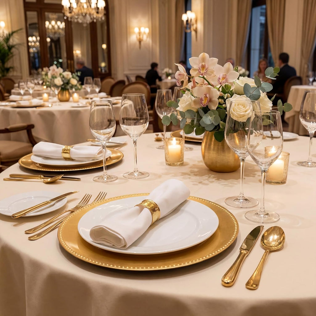 Charger Plates, Gold Plastic Reusable Dinner Charger Plates, 13'' Round Vintage Table Decoration, for Wedding - Set of 100