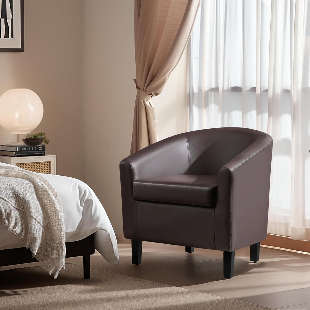 Accent Chairs, Faux Leather Barrel Armchairs Espresso
