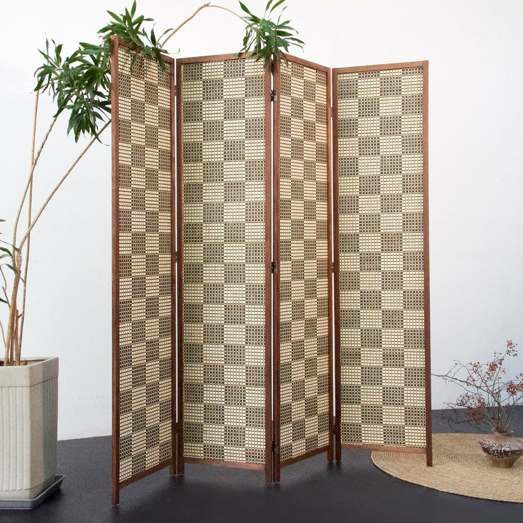 4 Panel Bamboo Room Divider, Gray Checker Folding Privacy Screen