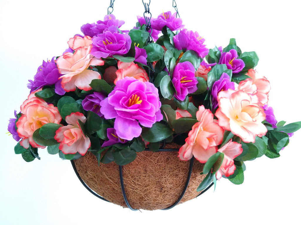 Wedding Porch Decoration Chain Hanging Basket Flowers Silk Azalea with Artificial Grass (9.85 inch)