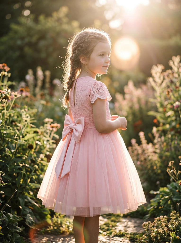 Flower Girl Dress Big Bow Kids Lace Tulle Princess Wedding Gown