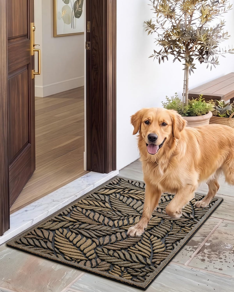 Front Door Mat Outside Entrance 17x30 Rubber Entry Doormat Leaves | Heavy Duty Non Slip, Welcome Entryway Mats Dirt