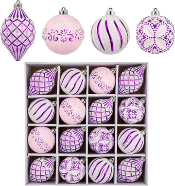 Shatterproof Christmas Ball Ornaments Set, Hand-Painted Holiday Decor with Assorted Sizes & Designs - Set of 16