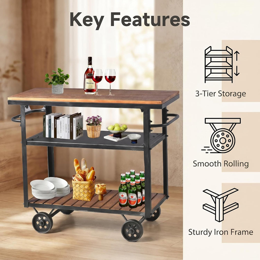 Industrial 3 Tier Rolling Utility Storage Cart Wine Beverage, Metal Wine Rack with Wheels Kitchen Bar Dining Room Tea