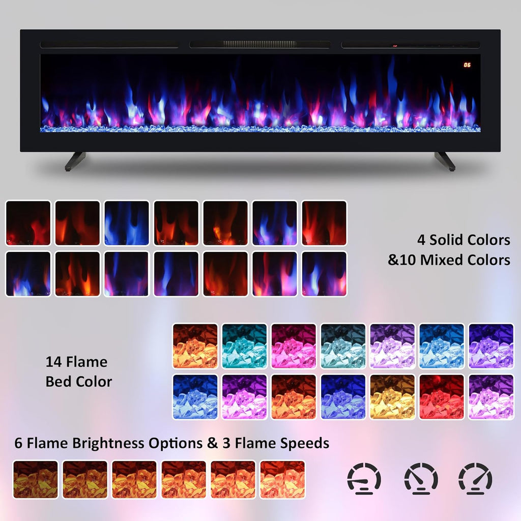 48" Electric Fireplace, Recessed, Wall Mounted and Freestanding Fireplace Heater, Adjustable Flame Color