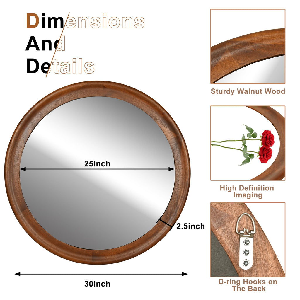 Round Wall Mirrors 30 Inch,Wood Mirror with Walnut Frame