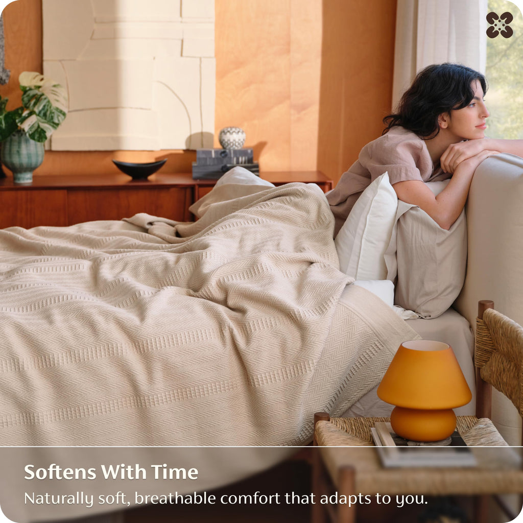 PureWoven 100% Organic Cotton Waffle Bed Blanket, Warm Beige