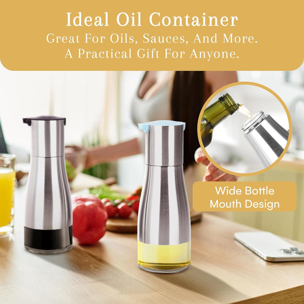 2LB Depot Oil and Vinegar Dispenser Set - Brushed Steel & Glass Containers with Anti-Drip Spout Lid - Easy-Clean - Set of 2
