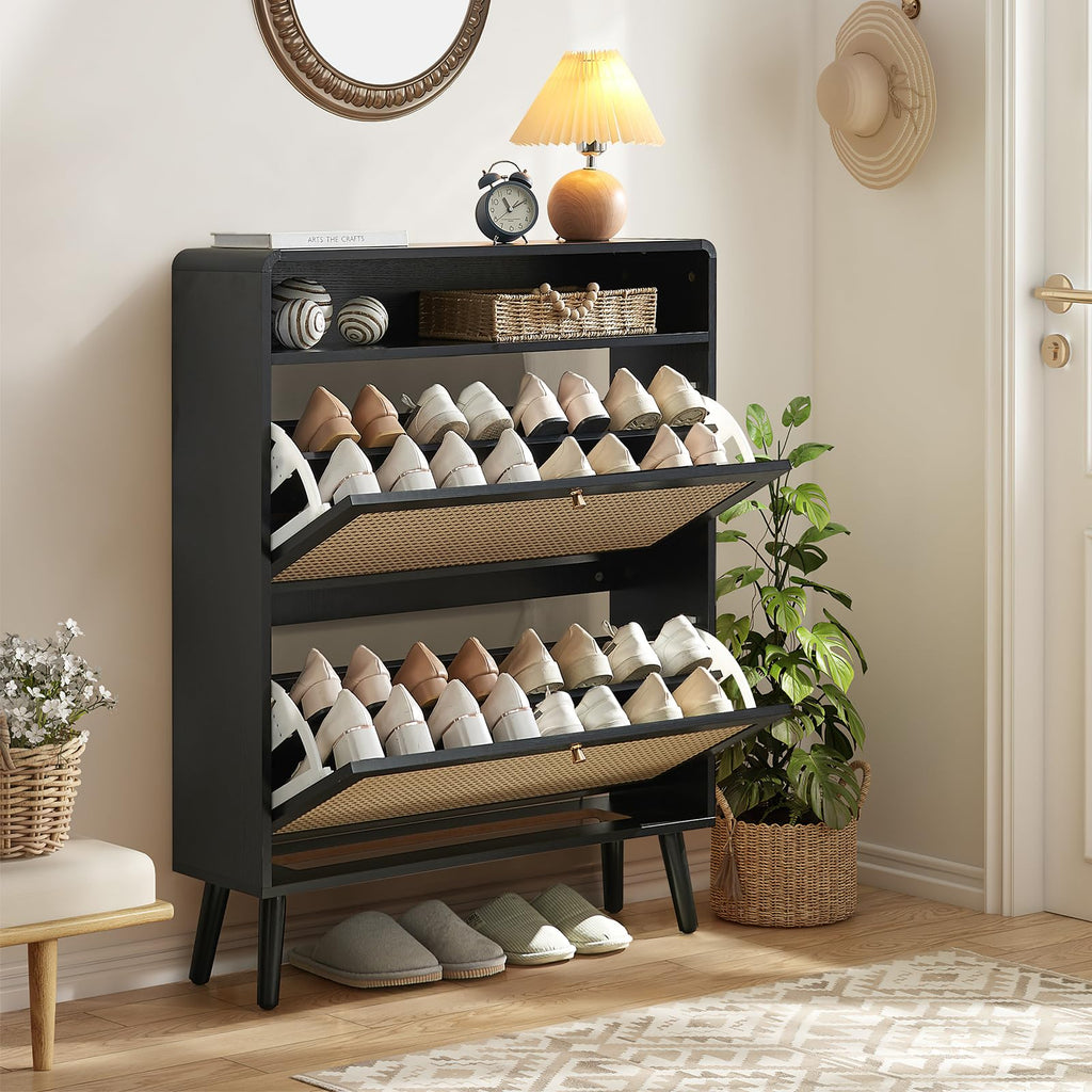 Rattan Shoe Storage Cabinet with 2 Flip Doors, Wood Narrow Shoes Cabinet with Adjustable Shelves, Freestanding Hidden