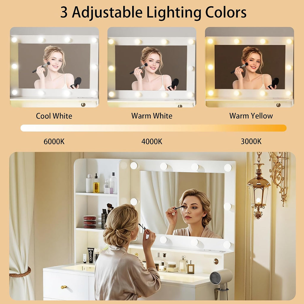 White Makeup Vanity Desk: 40" Vanity Desk with Mirror and Lights and Chair, Modern Makeup Table with Glass Top, 4
