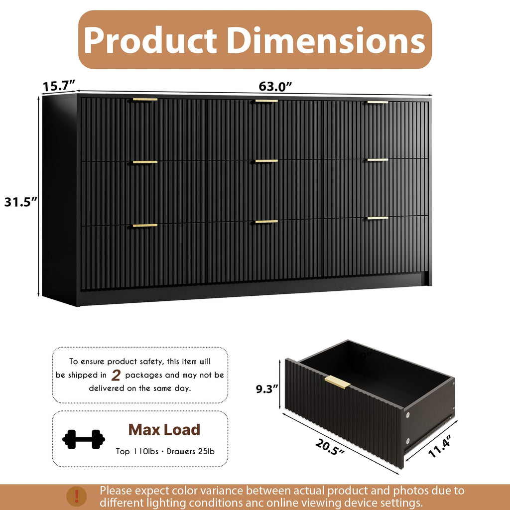 63" Wide Fluted 9-Drawer Dresser, Black