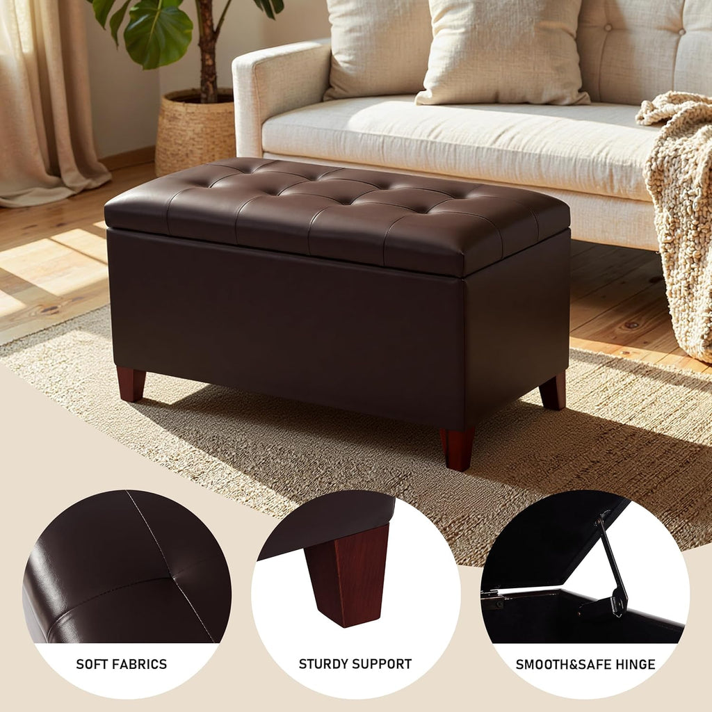 Storage Ottoman Bench, 33 Inches Faux Leather Rectangle Tufted Foot Stool for End Foot of Bed, Bedroom, Living Room