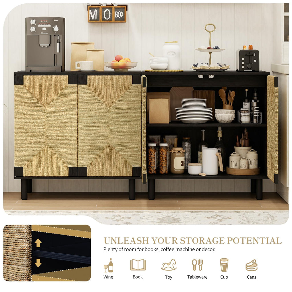 Sideboard Buffet Cabinet with Storage, Boho Accent Cabinet with Seagrass Doors & Adjustable Shelf, Mid-Century Modern