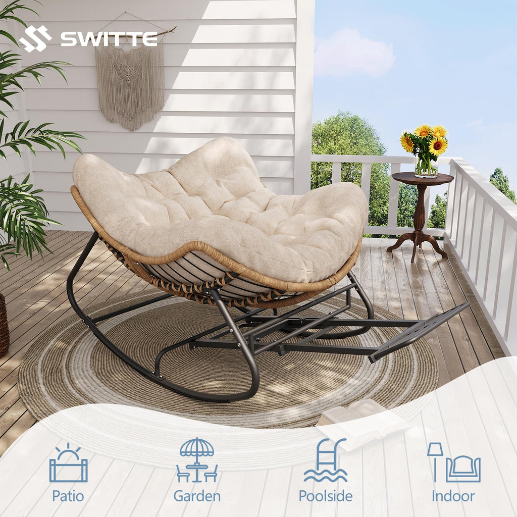 Papasan Rocking Chair with Footrest, Outdoor Wicker Egg Rocker, Khaki