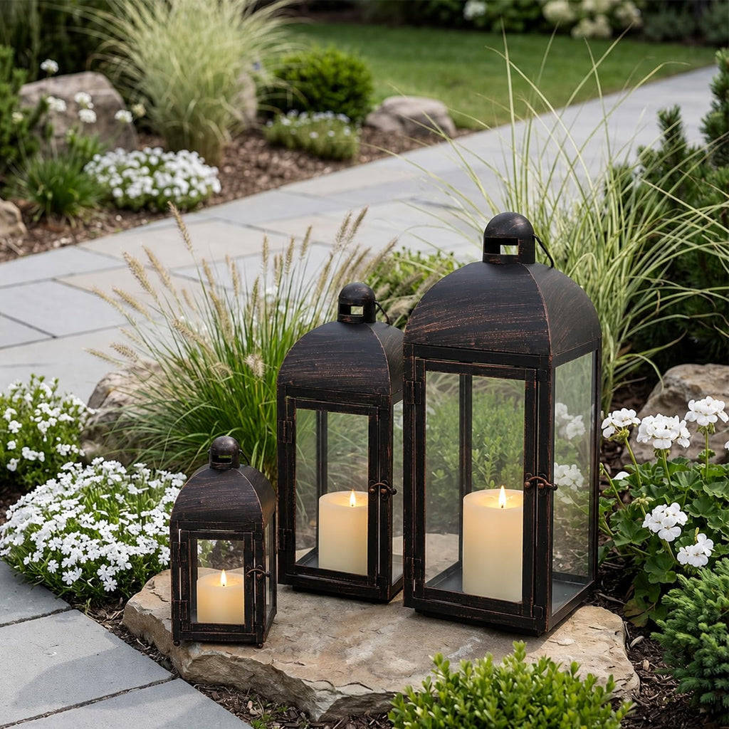 Lanterns Decorative Outdoor & Indoor, Set of 3 Outdoor Lanterns for Porch, 23" Large Candle Lantern, Bronze Metal