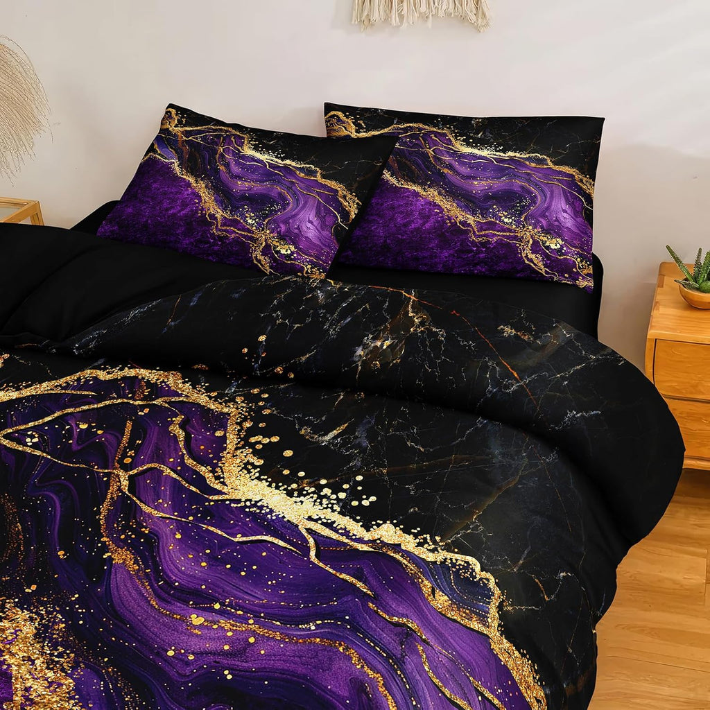 Black Gold Comforter Set Purple Marble Bedding Set King Black Marble Stone Abstract Artwork Bedroom Decor Black Marble